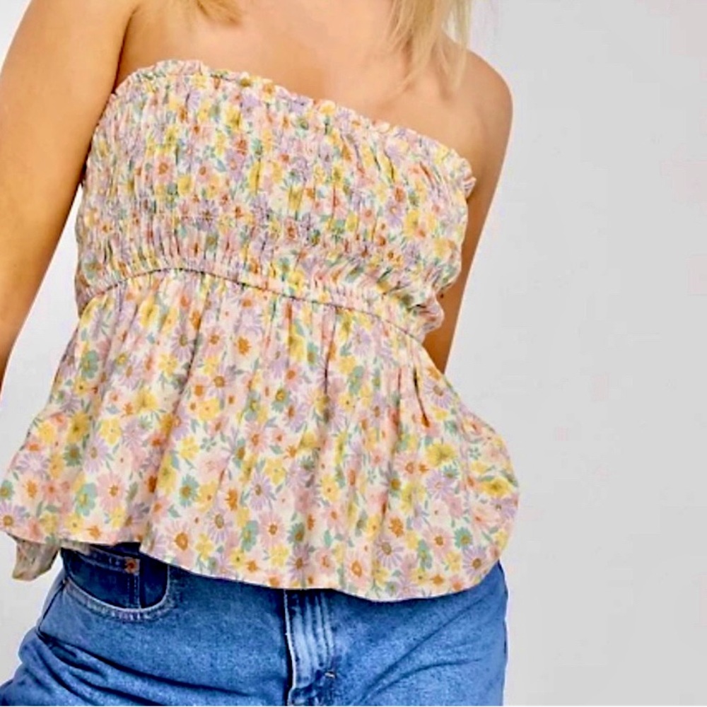 American Eagle Multicolored Pastel Floral Printed Smocked Crop Tank Top Size XS